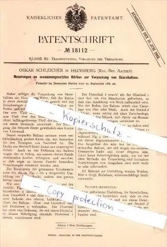 Original Patent -  O. Schleicher in Heinsberg , Reg.-Bez. Aachen , 1881 , !!!