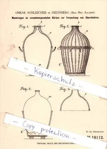 Original Patent -  O. Schleicher in Heinsberg , Reg.-Bez. Aachen , 1881 , !!!