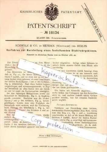 Original Patent - Schmöle & Co. in Menden , Westfalen und Berlin , 1881 , Stahlrohrgebisse !!!