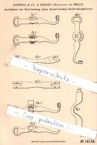 Original Patent - Schmöle & Co. in Menden , Westfalen und Berlin , 1881 , Stahlrohrgebisse !!!