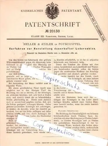 Original Patent - Heller & Atzler in Potschappel b. Freital , 1881 ,  Herstellung dauerhafter Ledrsohlen !!!