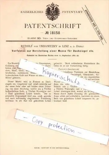 Original Patent - Rudolf von Urbanitzky in Linz a. d. Donau , 1881 , Thon- und Steinwaaren-Industrie !!!