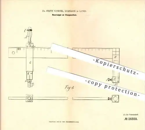 original Patent - Dr. Fritz Samuel Svenson in Lund , 1883 , Stangenzirkel , Zirkel , Messen , Bemessung !!!