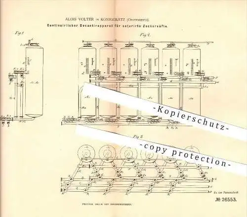 original Patent - A. Volter in Königgrätz , Österreich , 1883 , Apparat für Zuckerfabrik , Hradec Králové !!!