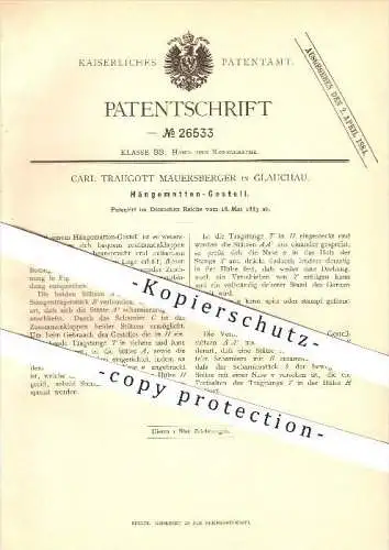 original Patent - Carl Traugott Mauersberger in Glauchau , 1883 , Hängemattengestell , Hängematte !!!