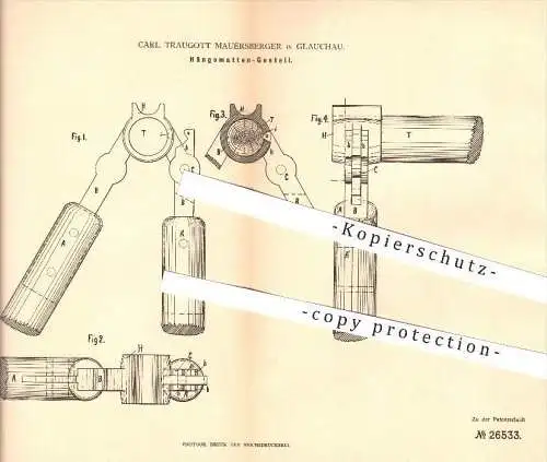 original Patent - Carl Traugott Mauersberger in Glauchau , 1883 , Hängemattengestell , Hängematte !!!