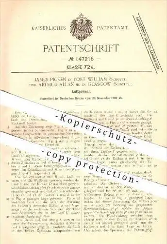 original Patent - James Picken in Port William und Arthur Allan Jr. in Glasgow , 1902 , Luftgewehr , Gewehr , Waffen !!!