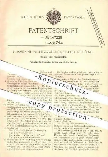 original Patent - H. Fontaine und J. F. van Cleynenbreugel in Brüssel , 1902 , Diebes- und Feuermelder , Feuerwehr !!