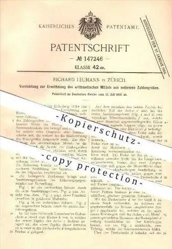 original Patent - Richard Leumann in Zürich , 1902 , Arithmetischen Mittels aus mehreren Zahlen , Arithmetik !!!