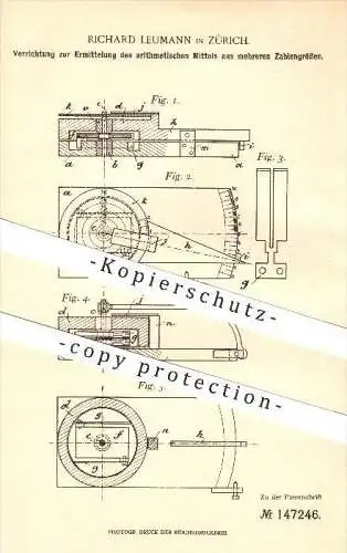 original Patent - Richard Leumann in Zürich , 1902 , Arithmetischen Mittels aus mehreren Zahlen , Arithmetik !!!