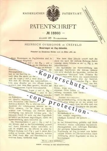 original Patent - Heinrich Overgoor in Krefeld , 1881 , Zugjalousien , Jalousien , Rolläden , Fenster !!!