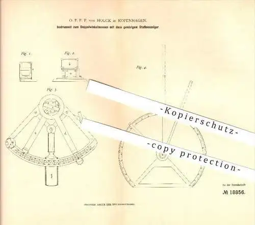 original Patent - O. P. F. F. von Holck in Kopenhagen , 1882 , Doppelwinkelmesser mit Stationszeiger , Winkelmesser !!!