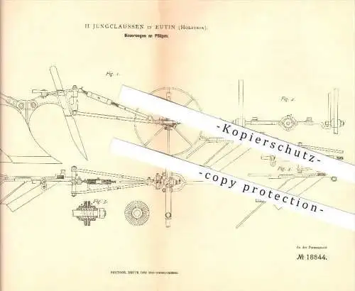 original Patent - H. Jungclaussen in Eutin , 1881 , Pflug , Pflügen , Landwirtschaft , Ackerbau !!!