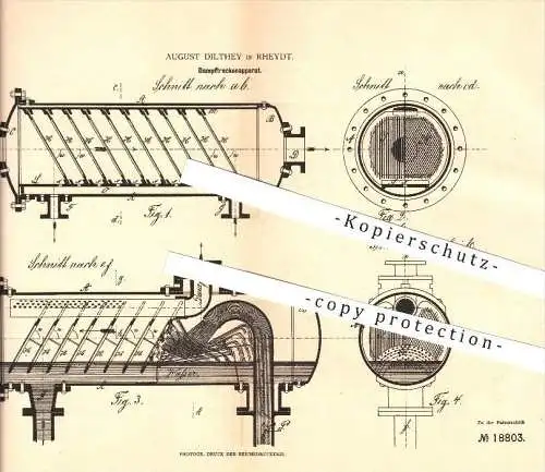 original Patent - August Dilthey in Rheydt , 1881 , Dampftrockenapparat , Dampfkessel , Kessel !!!