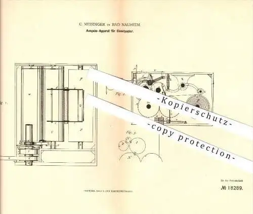 original Patent - C. Meisinger in Bad Nauheim , 1881 , Ausgabe-Apparat für Klosetpapier , Kloset , WC , Toilette , Bad !