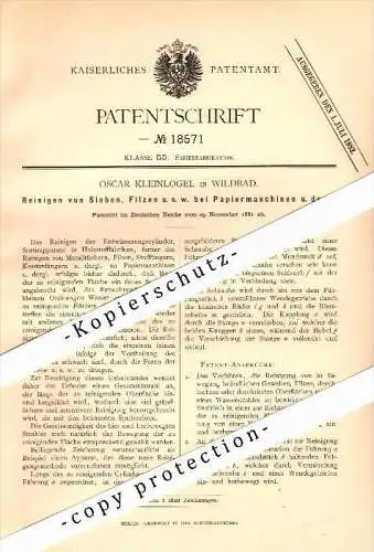 Original Patent - Oscar Kleinlogel in Wildbad , 1881 , Reinigung von Papiermaschinen , Papierfabrik !!!