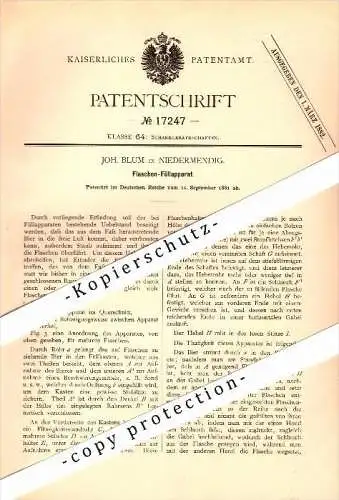 Original Patent - Joh. Blum in Niedermendig / Mendig , 1881 , Flaschen-Füllapparat  !!!