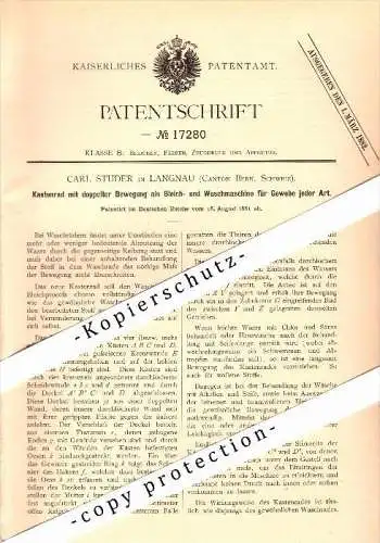 Original Patent -  Carl Studer in Langnau im Emmental , 1881 , Bleich- und Waschmaschine für Gewebe , Kanton Bern !!!