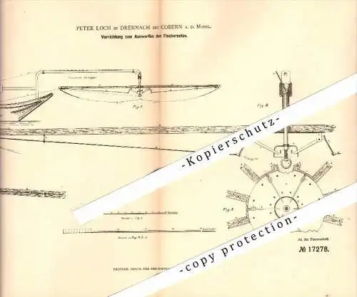 Original Patent - Peter Loch in Dreknach b. Kobern a.d. Mosel ,1881, Apparat für Fischernetze , Fischer , Kobern-Gondorf