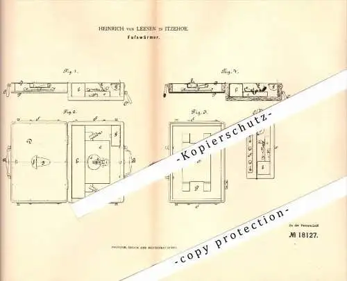 Original Patent - Heinrich von Leesen in Itzehoe , 1881 , Fußwärmer !!!