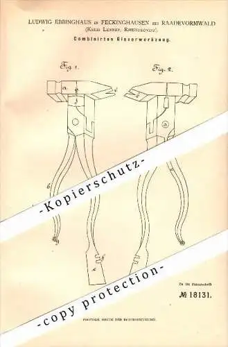 Original Patent - L. Ebbinghaus in Feckinghausen b. Radevormwald , 1881 , Werkzeug für Glaser , Glas , Lennep  !!!