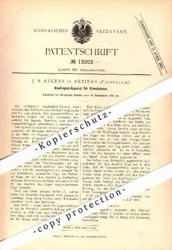 Original Patent - J.M. Rixens à Béziers , 1880 , Appareil Pop-signal pour chemin de fer !!!