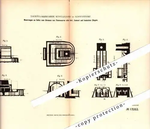 Original Patent - Thonwaarenfabrik in Schwandorf , 1880 , Ofen zum Brennen von Thon und Ziegeln , Ziegelei !!!