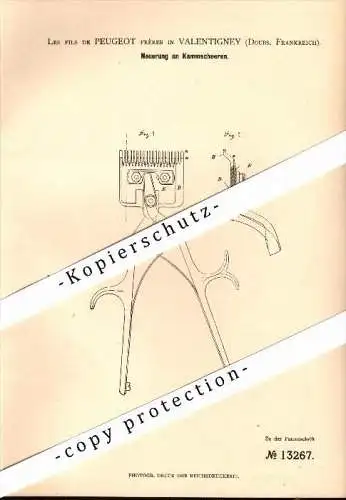 Original Patent - Les fils de PEUGEOT à Valentigney , Doubs , 1880 , Clippers , coiffeur !!!