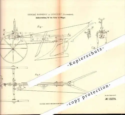 Original Patent - Honoré Badoinot in Goncourt , 1880 , appareils pour charrues , agriculture !!!