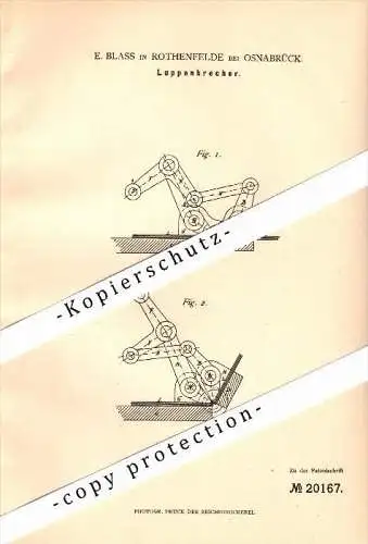 Original Patent - E. Blass in Bad Rothenfelde b. Osnabrück , 1882 , Luppenbrecher , Metallbau !!!