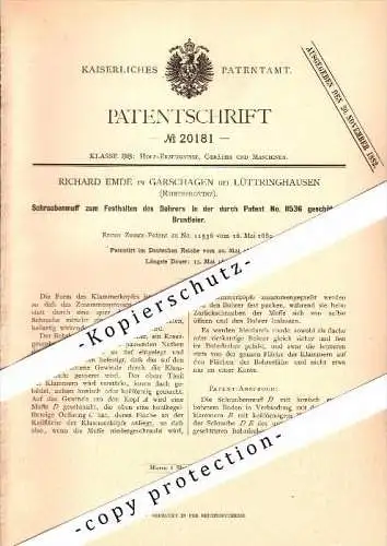 Original Patent - Richard Emde in Garschagen b. Lüttringhausen / Remscheid , 1882 , Bohrer und Brustleier , Bohrmaschine