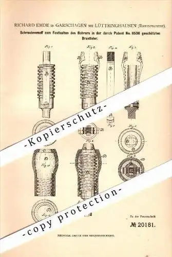 Original Patent - Richard Emde in Garschagen b. Lüttringhausen / Remscheid , 1882 , Bohrer und Brustleier , Bohrmaschine