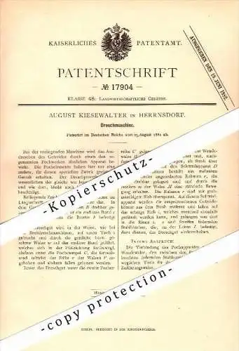 Original Patent - August Kiesewalter in Herrnsdorf b. Frensdorf , 1881 , Dreschmaschine , Landwirtschaft , Agrar !!!