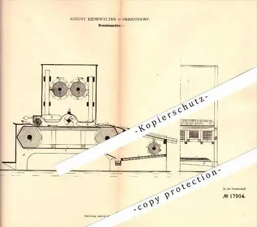 Original Patent - August Kiesewalter in Herrnsdorf b. Frensdorf , 1881 , Dreschmaschine , Landwirtschaft , Agrar !!!