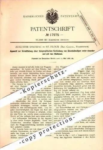 Original Patent - Augustin D`Auriac à Saint-Flour , Cantal , 1881, Appareil de télégraphie dans le domaine ferroviaire !