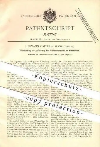 original Patent - Hermann Cappes in Vaasa / Wasa , Finnland , 1892, Apparat für Wirkstühle , Strickerei !!!