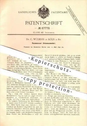 original Patent - Dr. C. Wülbern in Köln a. Rh. , 1892 , Raummesser , Volumenometer !!!