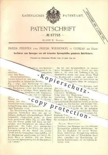 original Patent - F. Pfeiffer & F. Wiehenkel in Goslar am Harz , 1892 , Verfahren zum Sprengen geladener Bohrlöcher !!!