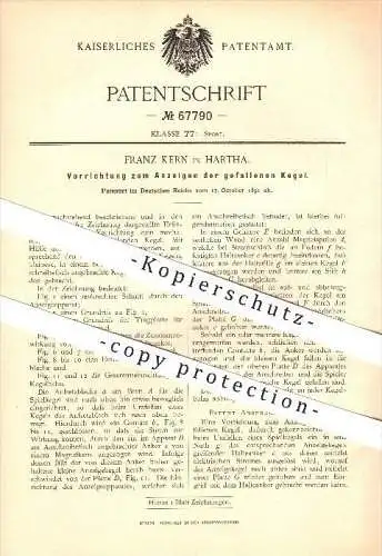 original Patent - Franz Kern in Hartha , 1891 , Vorrichtung zum Anzeigen der gefallenen Kegel , Kegeln !!!