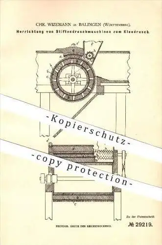 original Patent - Chr. Wizemann in Balingen , 1884 , Herrichtung von Stiftdreschmaschinen zum Kleedrusch !!!