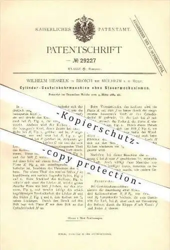 original Patent - Wilhelm Hesseln in Broich bei Mülheim a. d. Ruhr , 1884 , Zylinder Gesteinbohrmaschine , Bergbau !!!