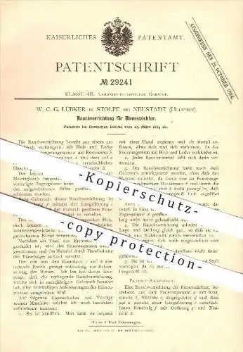 original Patent - W. C. G. Lübker in Stolpe bei Neustadt , 1884 , Rauchvorrichtung für Bienenzüchter , Imker !!!