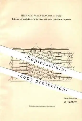 original Patent - Hermann Franz Donath in Wien , 1901 , Bettboden mit abnehmbarer , verstellbarer Liegefläche !!!