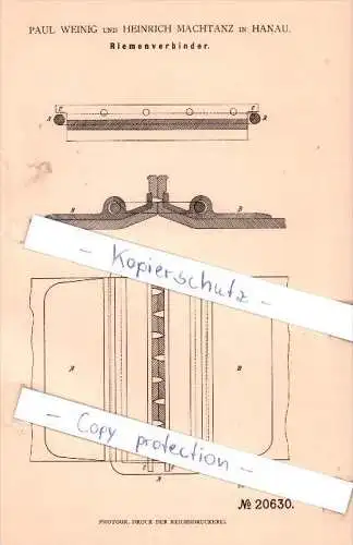 Original Patent - Paul Weinig und Heinrich Machtanz in Hanau , 1882 , Riemenverbinder !!!