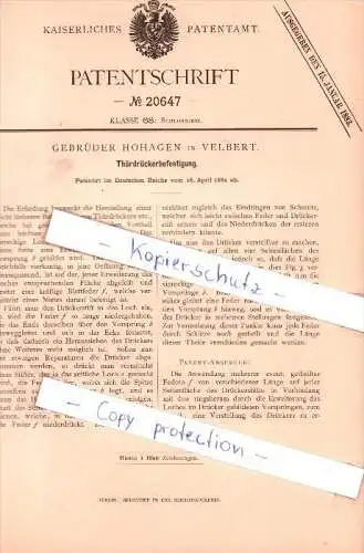 Original Patent - Gebrüder Hohagen in Velbert , 1882 , Thürdrückerbefestigung !!!