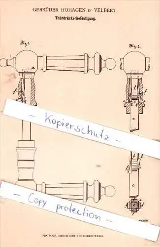 Original Patent - Gebrüder Hohagen in Velbert , 1882 , Thürdrückerbefestigung !!!