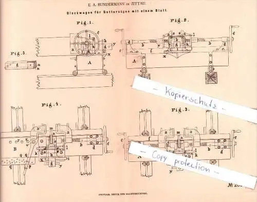 Original Patent - E. A. Bundermann in Zittau , 1882 , Blockwagen für Gattersägen , Sägewerk !!!