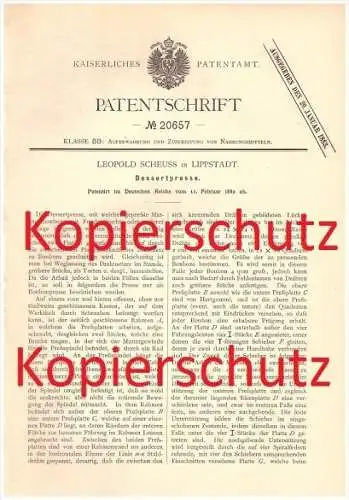 Original Patent - Leopold Scheuss in Lippstadt , 1882 , Dessertpresse , Presse für Dessert , Pudding !!!