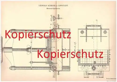 Original Patent - Leopold Scheuss in Lippstadt , 1882 , Dessertpresse , Presse für Dessert , Pudding !!!