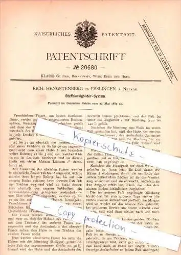 Original Patent - Rich. Hengstenberg in Esslingen a. Neckar , 1882 , Staffelessigbilder-System , Brauerei , Alkohol !!!